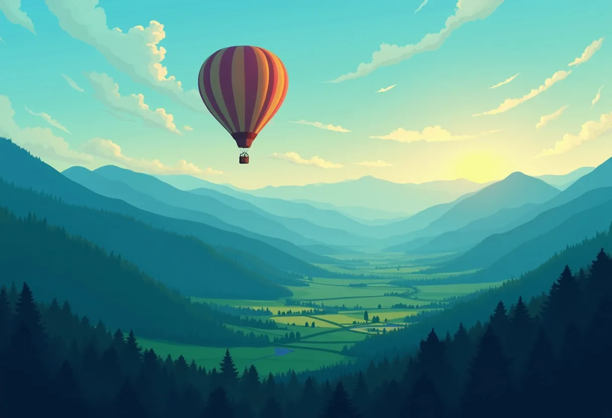 Hot Air Balloon Over A Green Valley at blue hour Digital Illustration