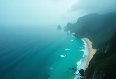 Wide Aerial Coastline With Turquoise Water in the rain