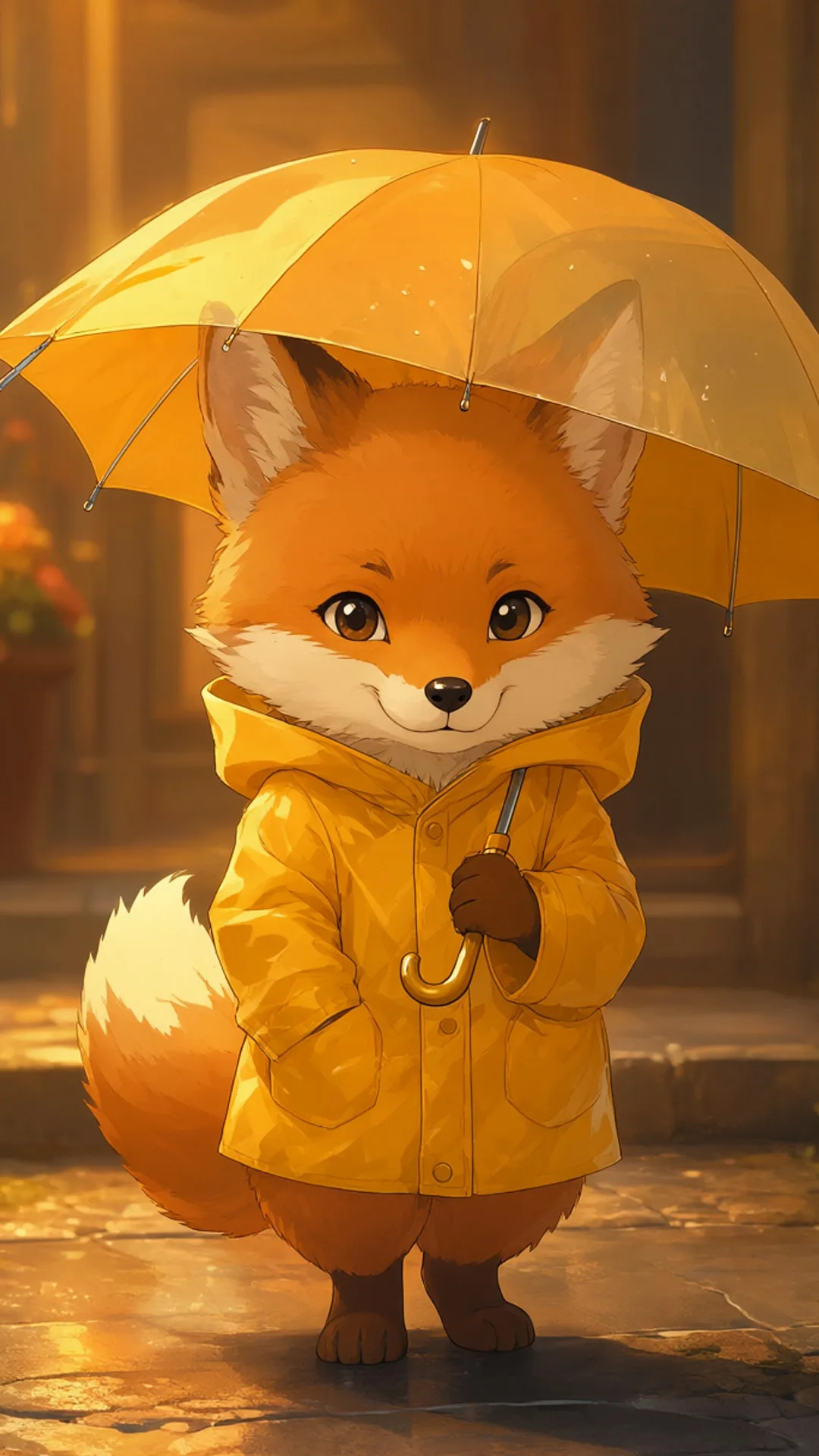 สุนัขจิ้งจอกน่ารักในเสื้อกันฝนสีเหลืองถืออัมเบรลล่า