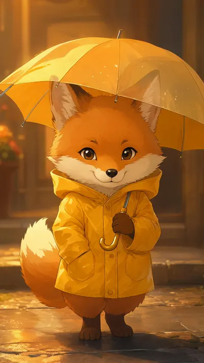 Cute Fox In A Yellow Raincoat Holding An Umbrella