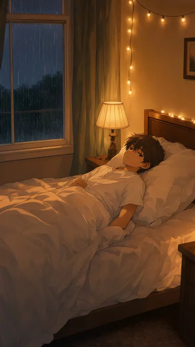 Bedroom With Fairy Lights And Rain Outside