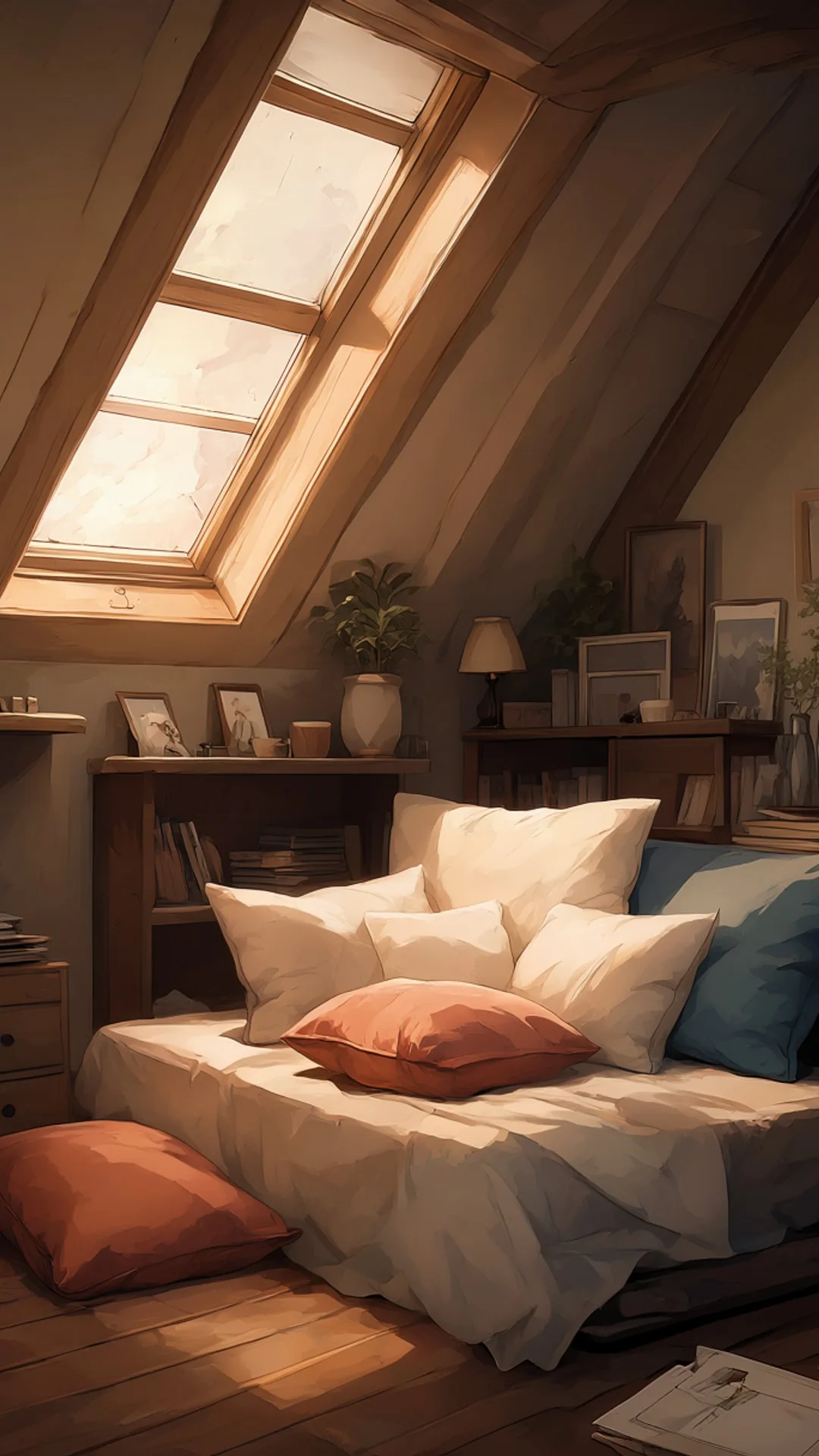 Attic Studio With A Skylight And Soft Cushions in an oil painting style