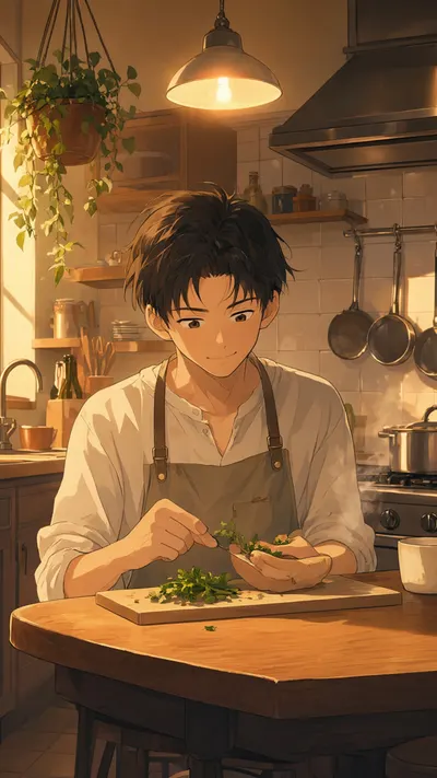 Kitchen With Warm Light And Hanging Plants in a soft palette