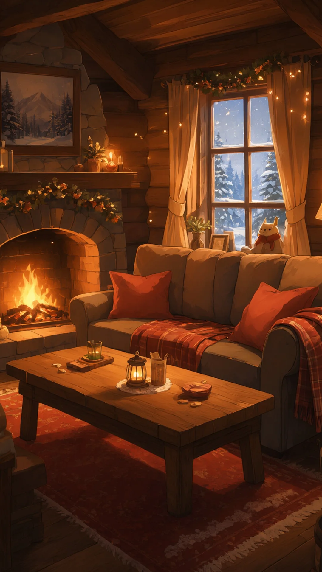 Cozy Cabin Interior With A Fire And Snowy Window in a warm palette