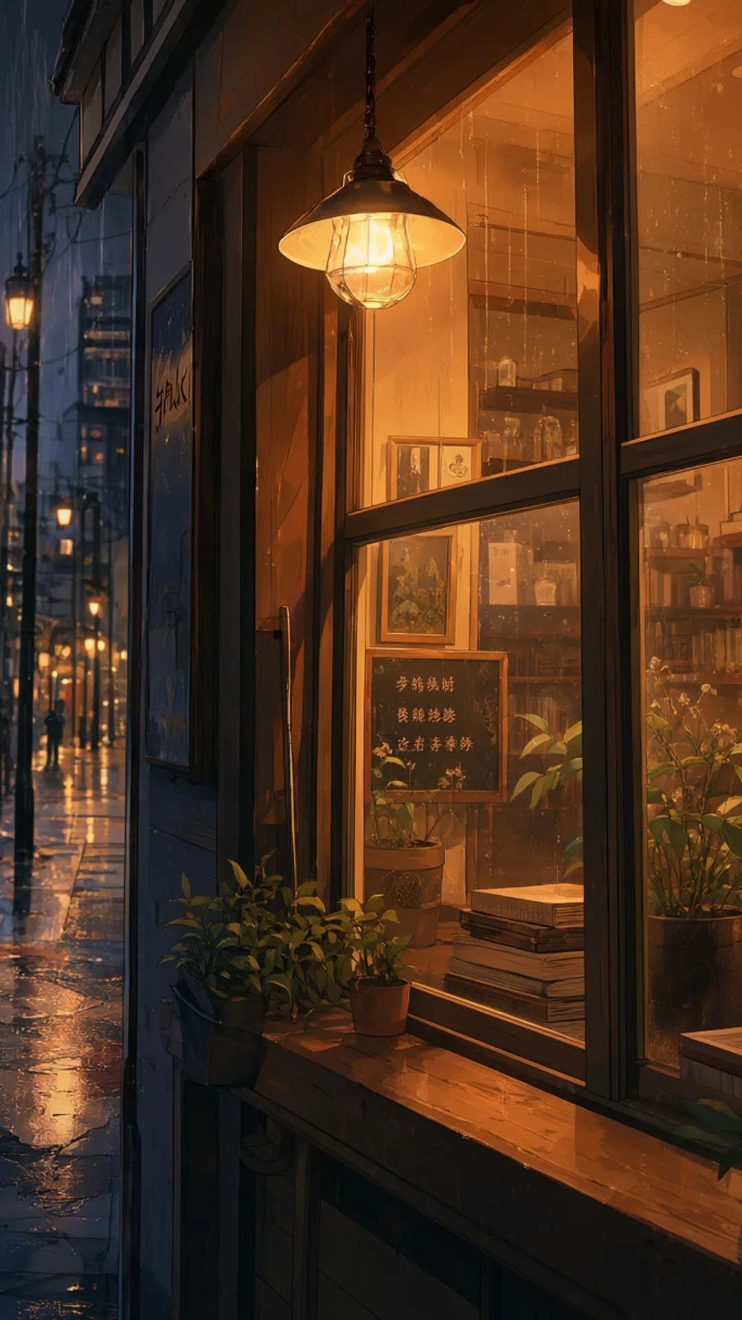 ถนนสายฝนที่มองเห็นได้จากหน้าต่างที่มีแสงสว่างอันอบอุ่น