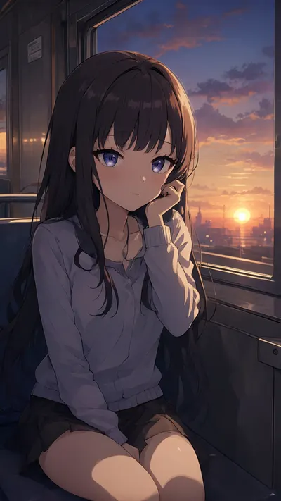 Anime Girl Resting By A Train Window At Dusk