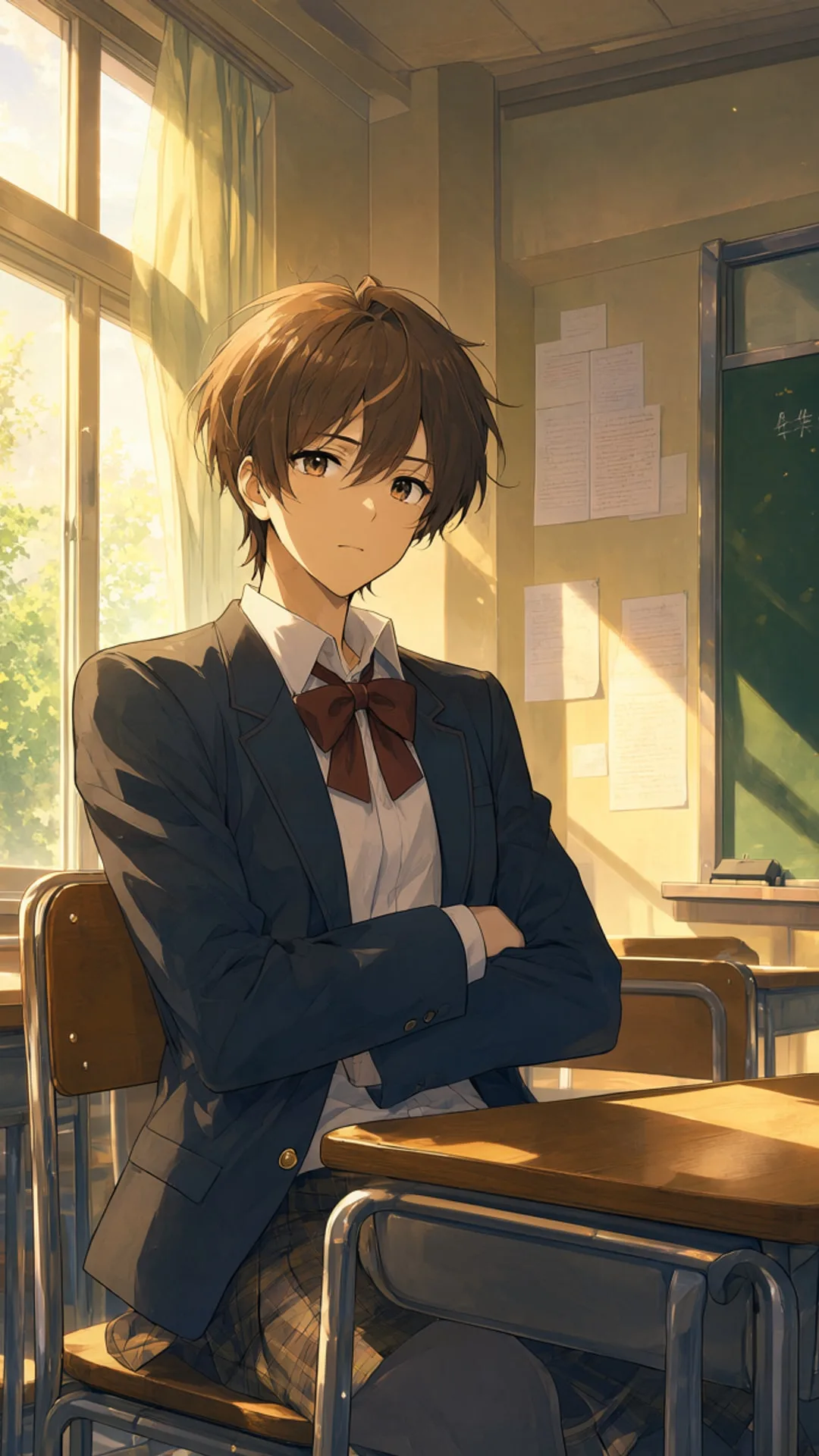 Anime Classroom After School With Golden Light in watercolour