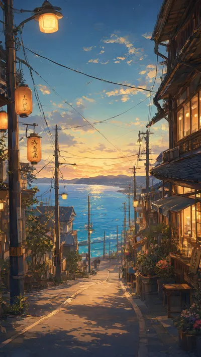 Anime Seaside Town Street With Warm Lanterns in an oil painting style