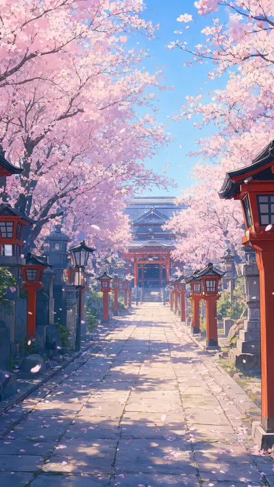 เส้นทางศาลเจ้าอนิเมะในฤดูใบไม้ผลิพร้อมกลีบร่วงหล่นในจานสีอ่อน