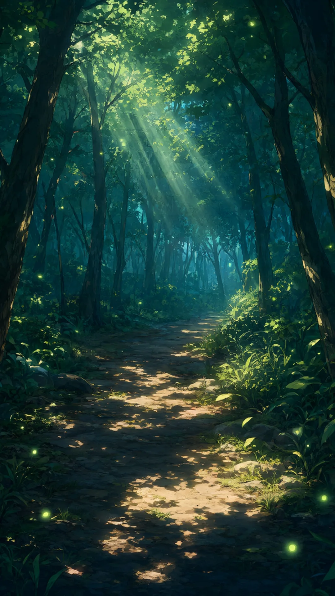 อนิเมะเส้นทางป่าพร้อมลำแสงและหิ่งห้อยในจานสีลึก