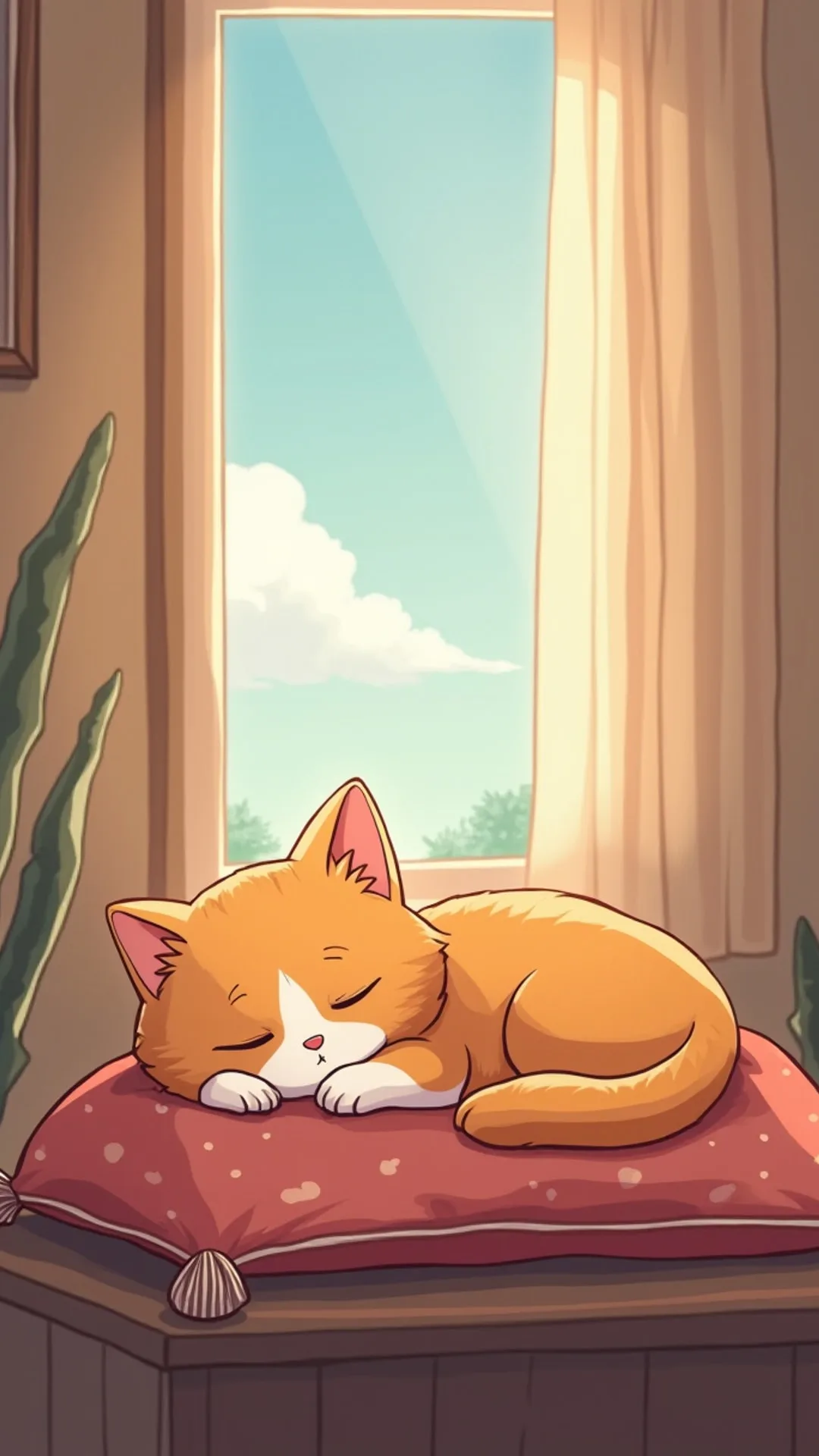 Chibi Cat Sleeping On A Cushion By The Window in a cool palette
