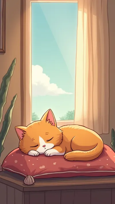 Chibi Cat Sleeping On A Cushion By The Window in a cool palette