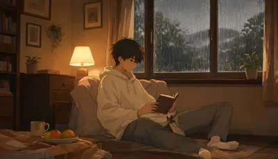 ห้องพักแสนสบายพร้อมสายฝนที่ตกลงมาทางหน้าต่าง