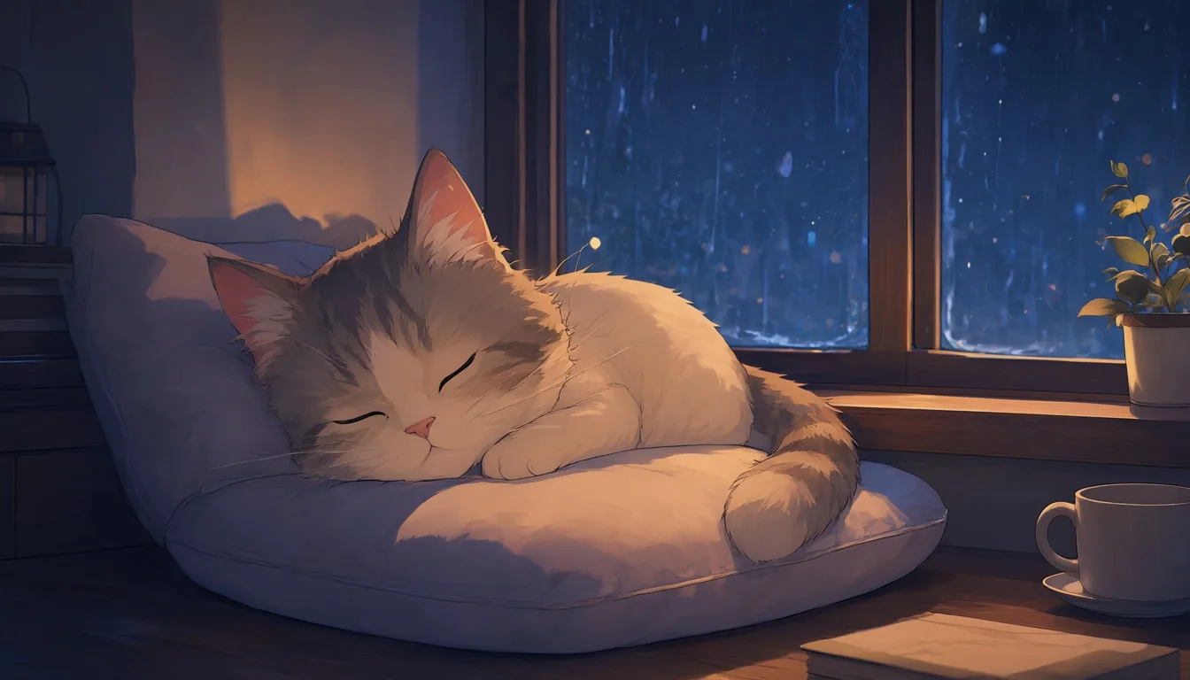 Chibi Cat Sleeping On A Cushion By The Window in a cool palette
