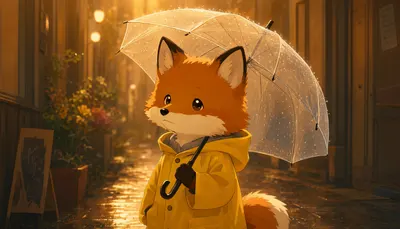 Cute Fox In A Yellow Raincoat Holding An Umbrella