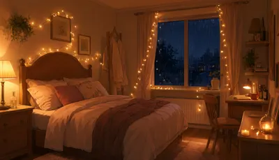 Bedroom With Fairy Lights And Rain Outside