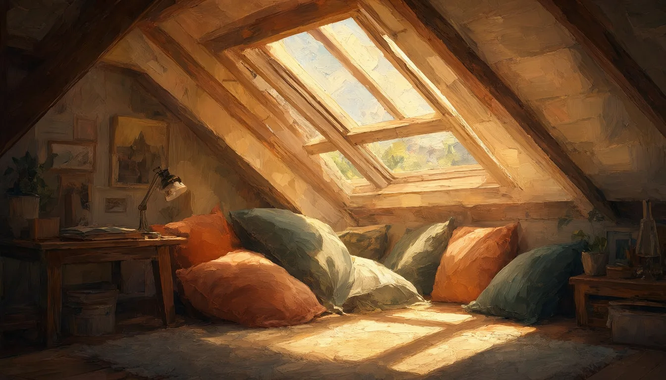สตูดิโอใต้หลังคาพร้อมช่องรับแสงและเบาะนุ่มในสไตล์ภาพวาดสีน้ำมัน