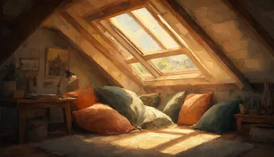 Attic Studio With A Skylight And Soft Cushions in an oil painting style