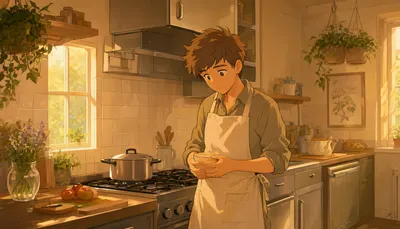 Kitchen With Warm Light And Hanging Plants in a soft palette
