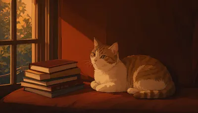 Window Seat With A Cat And A Stack Of Books in a deep palette
