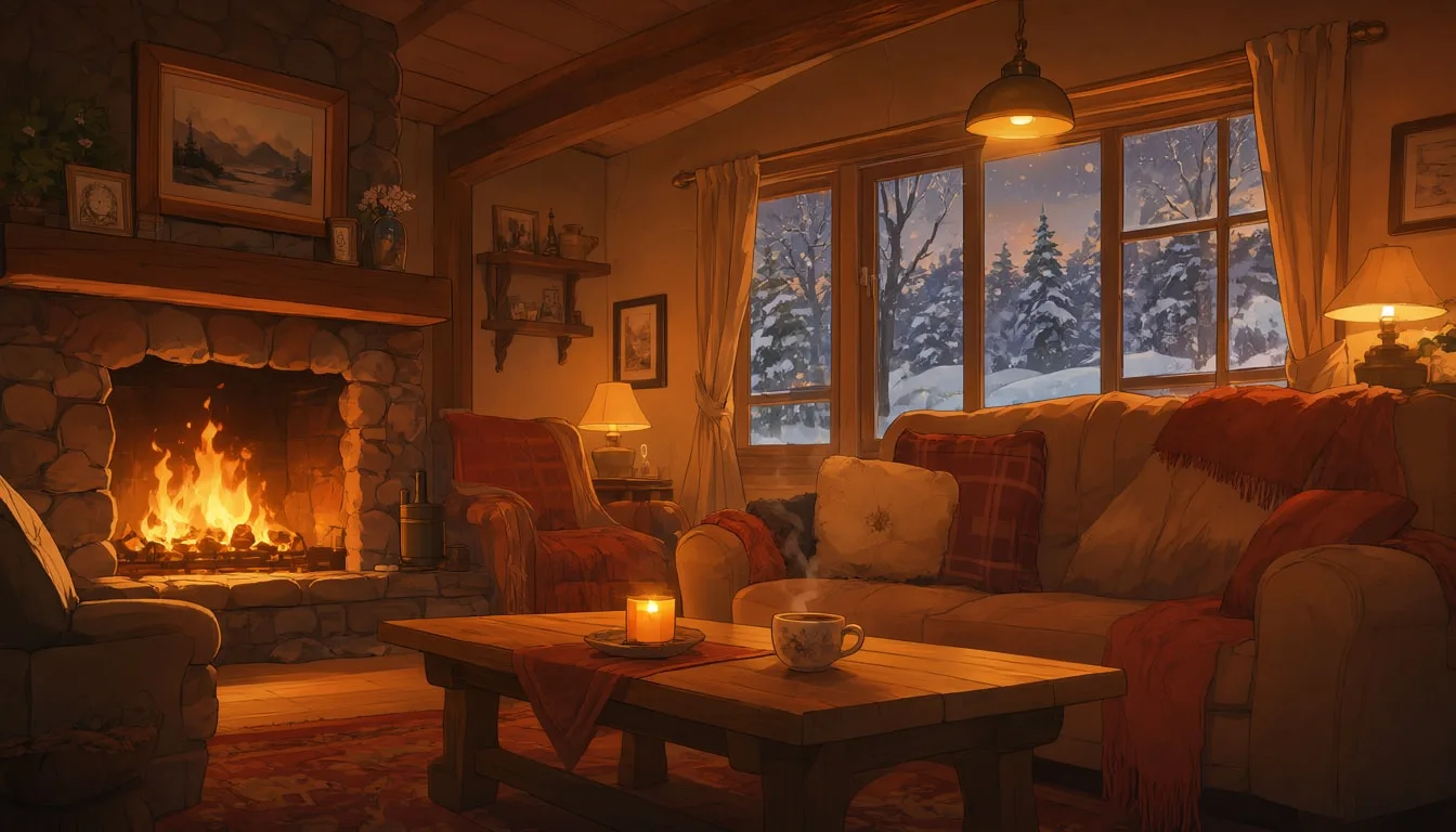 Cozy Cabin Interior With A Fire And Snowy Window in a warm palette