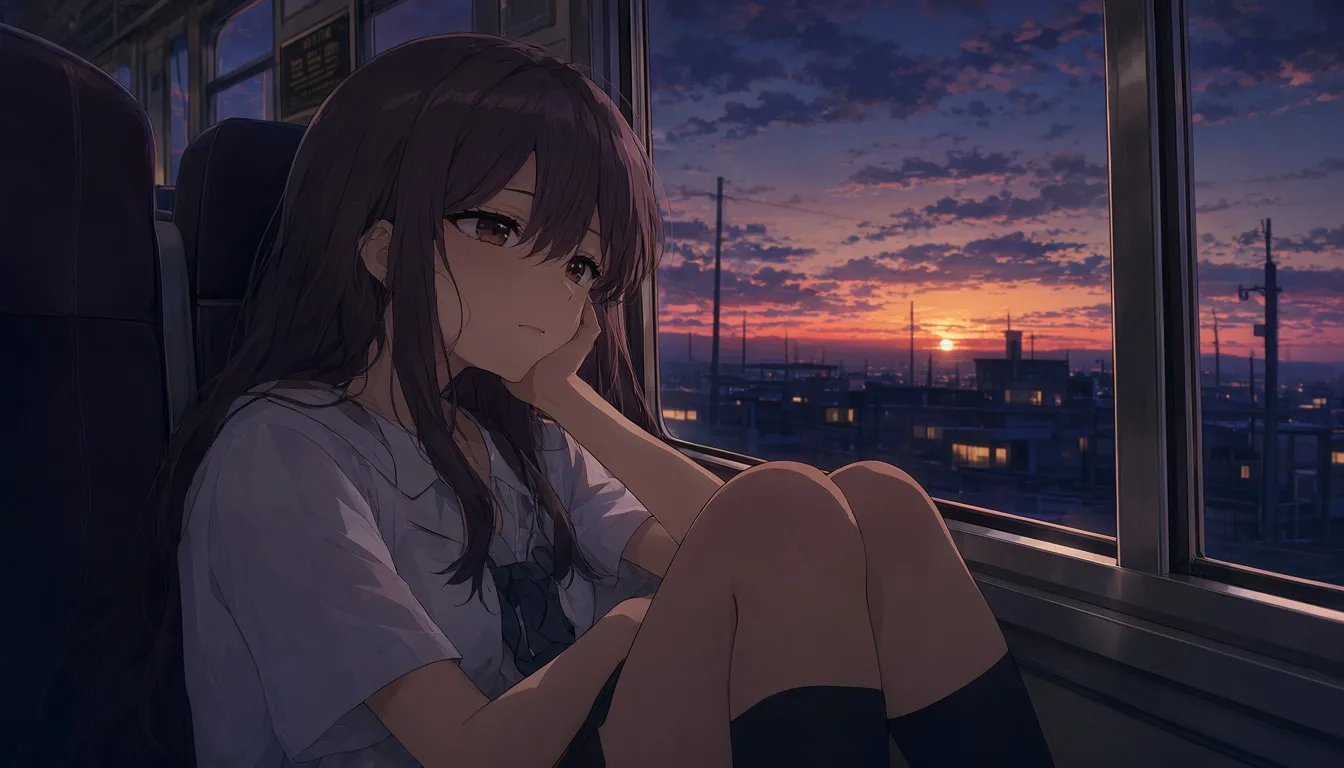 สาวอนิเมะพักผ่อนข้างหน้าต่างรถไฟตอนพลบค่ำ