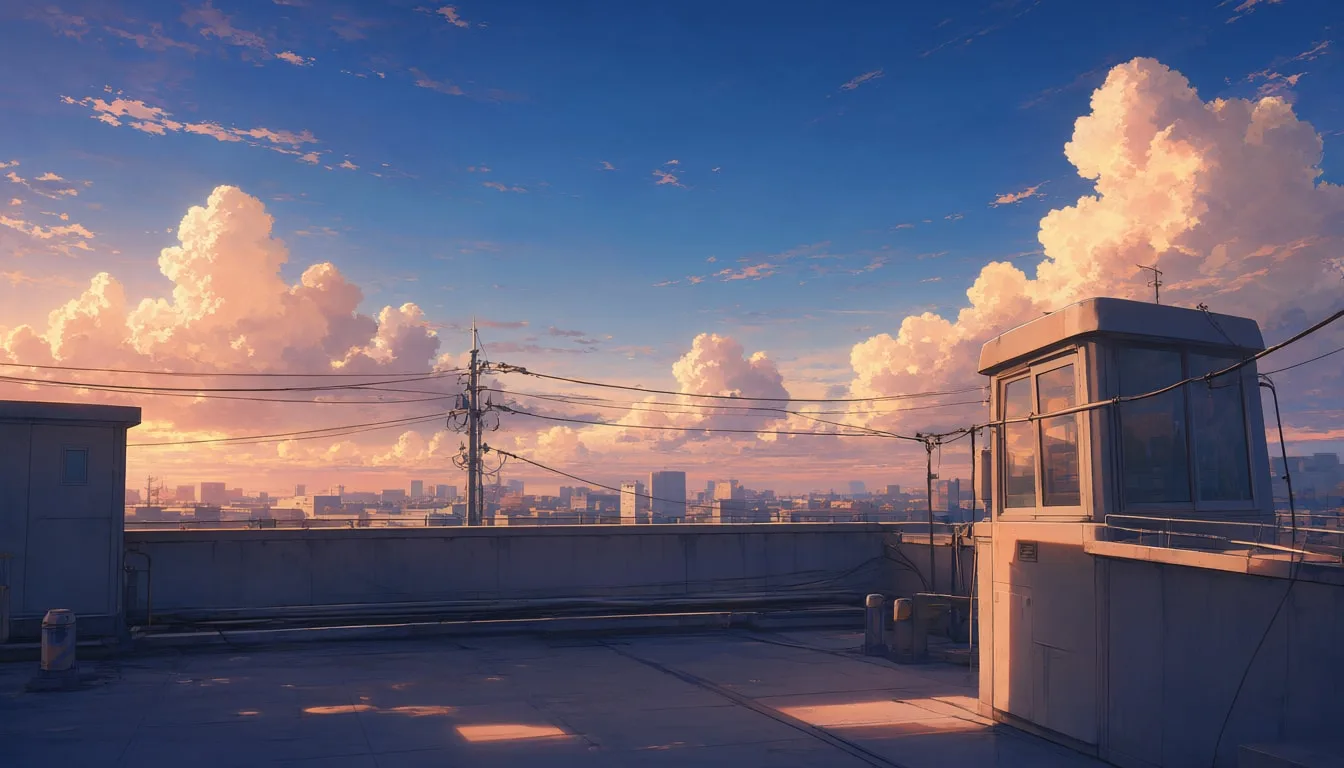 Anime Rooftop With Evening Clouds And Power Lines with a minimal touch