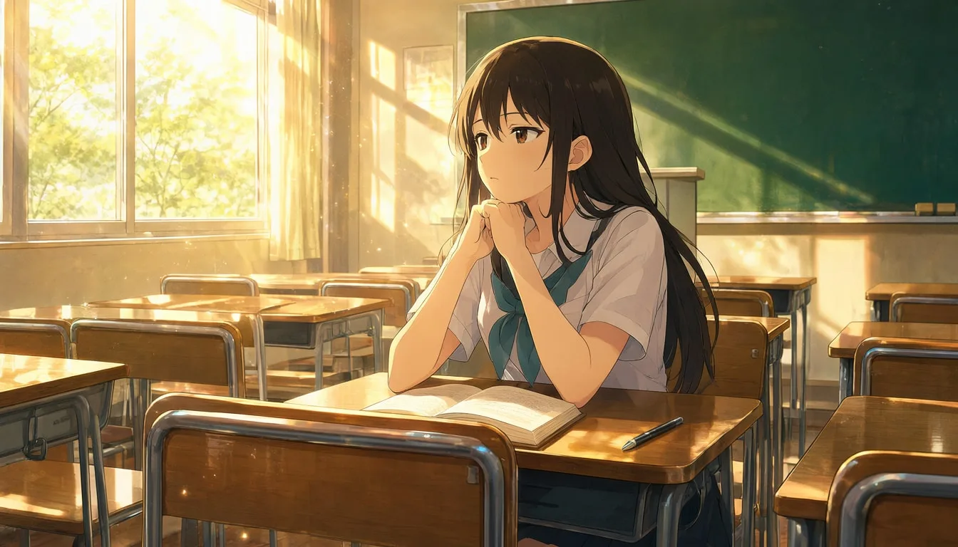 Anime Classroom After School With Golden Light in watercolour