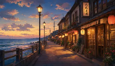ถนนเมืองริมทะเลอนิเมะพร้อมโคมไฟอันอบอุ่นในสไตล์ภาพวาดสีน้ำมัน