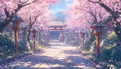Anime Shrine Path In Spring With Falling Petals in a soft palette