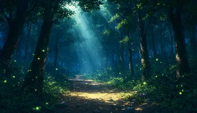 Anime Forest Path With Light Beams And Fireflies in a deep palette