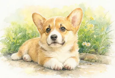 Corgi Puppy ในสวนสีน้ำที่มีแสงแดดส่องถึง