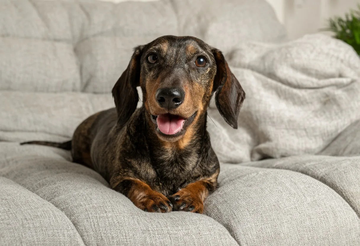 Dachshund on a linen sofa