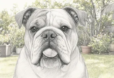 Bulldog in a sunny garden Pencil Sketch