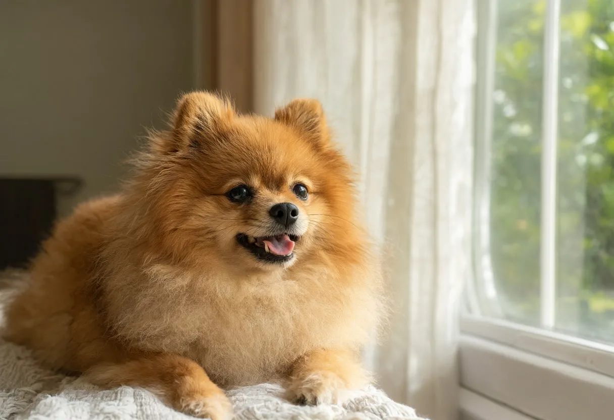 Pomeranian by a warm window