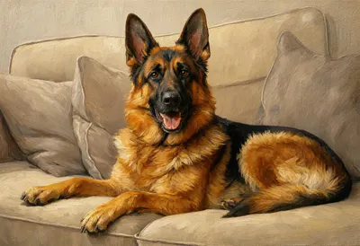 German Shepherd on a linen sofa Oil Painting