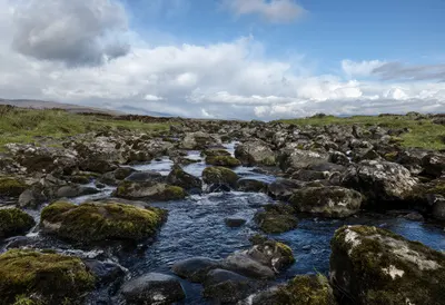 Creek Through Mossy Stones under a dramatic sky
