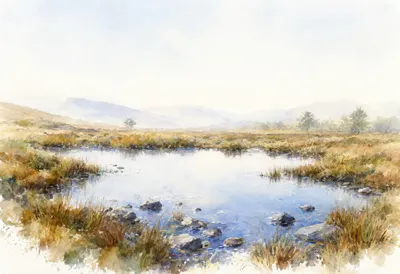 Highland Bog Pools at dawn Watercolour