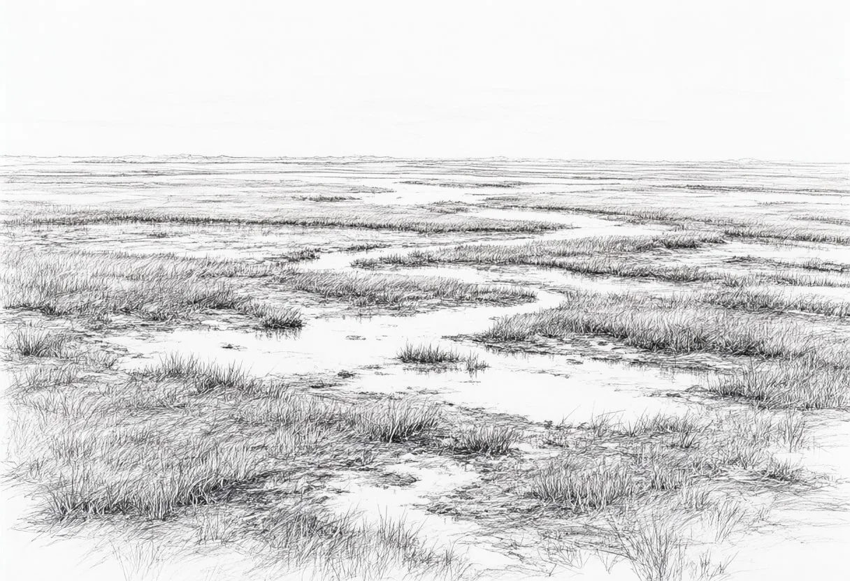 Salt Marsh Channels after rain Pencil Sketch