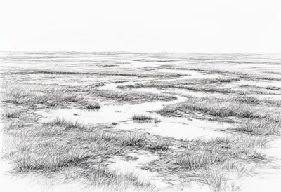 Salt Marsh Channels after rain Pencil Sketch