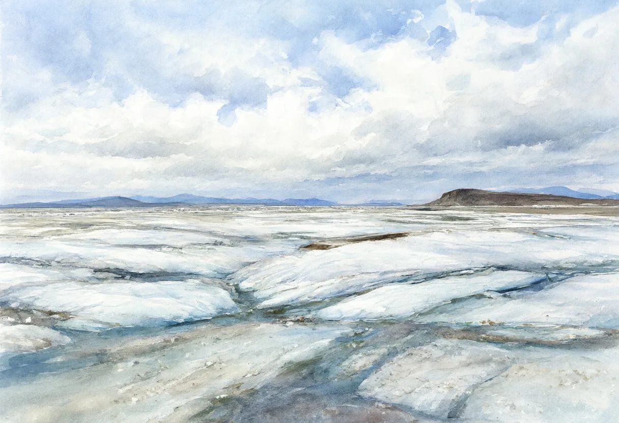 Glacial River Braid under a dramatic sky Watercolour