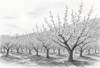Orchard In Blossom at dawn Pencil Sketch