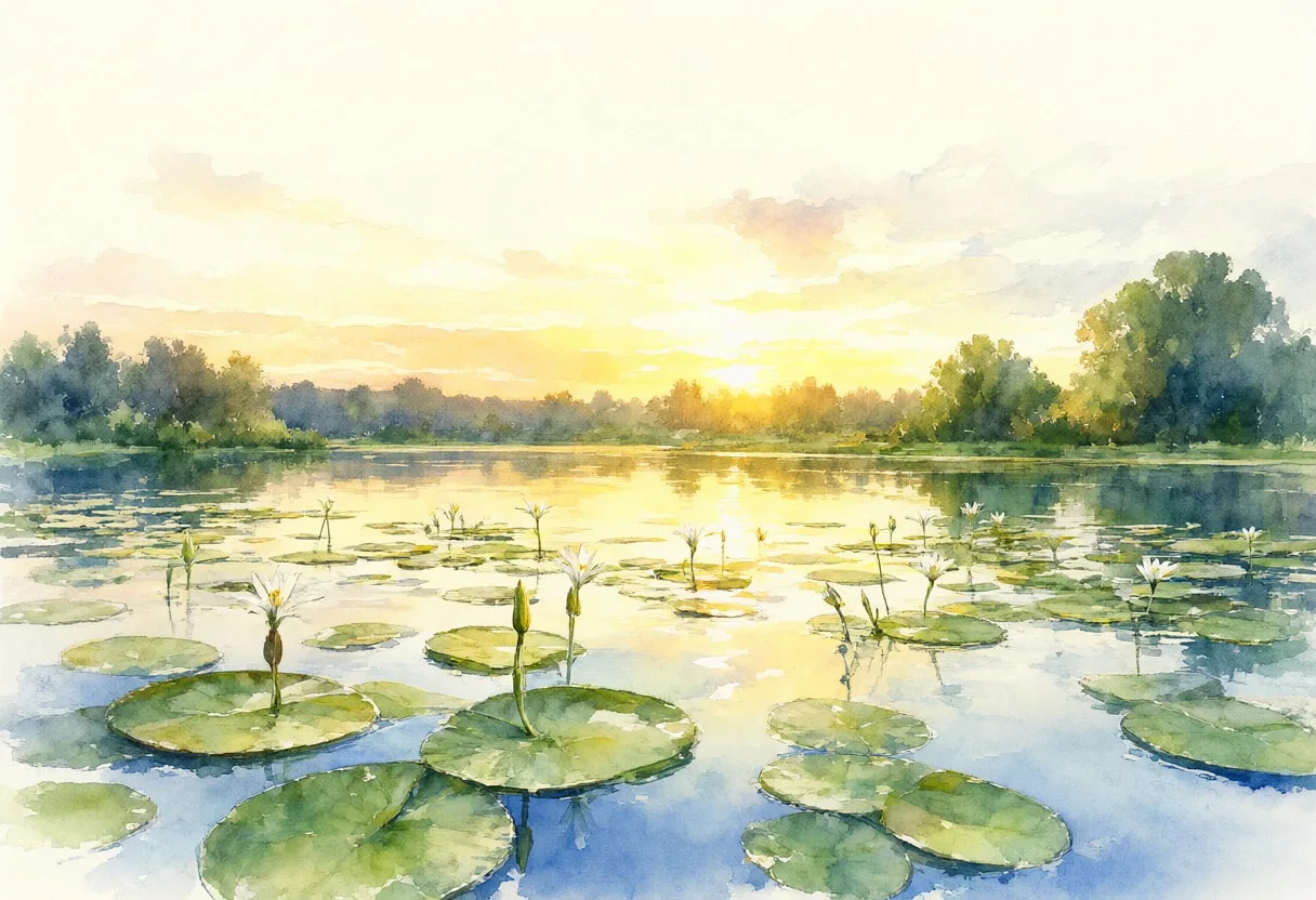 ลิลลี่แพดและภาพสะท้อนในชั่วโมงทองสีน้ำ