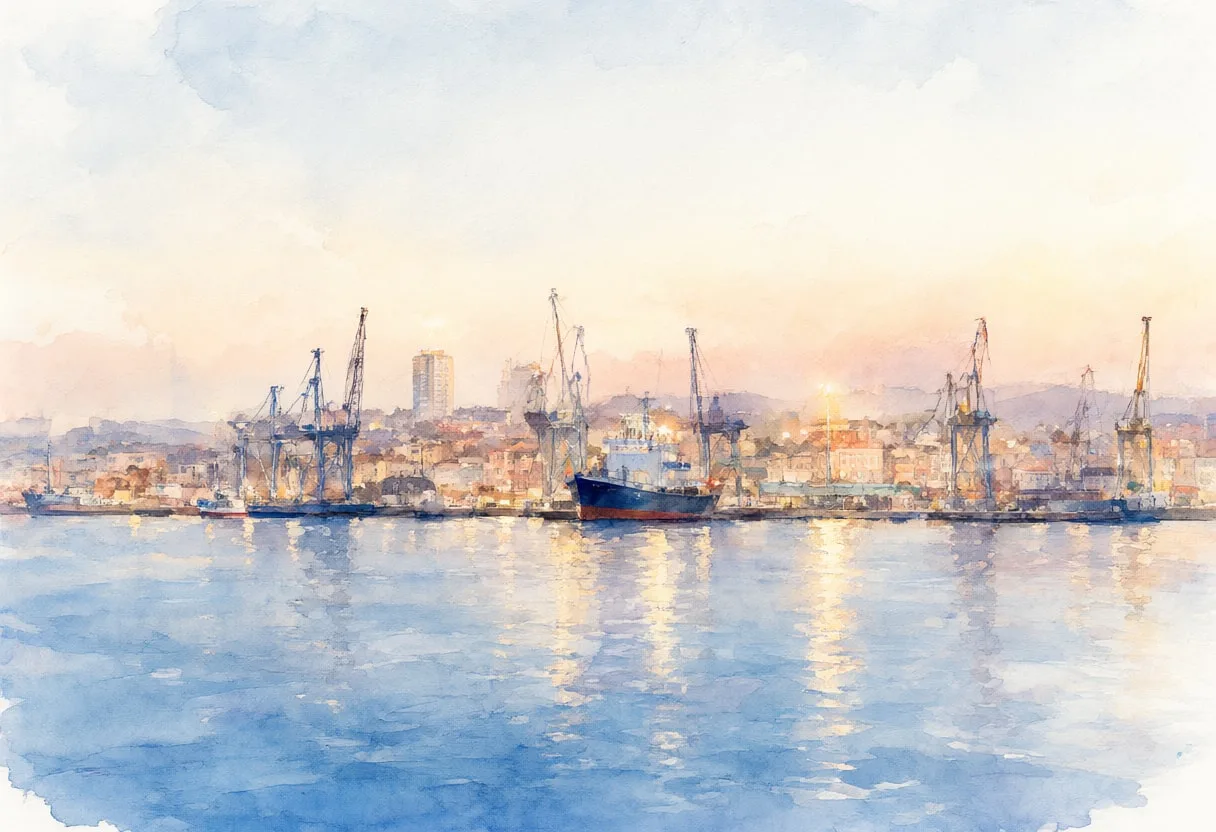 Harbour Skyline At Dusk Seen From Far Away Watercolour