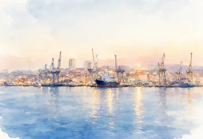 Harbour Skyline At Dusk Seen From Far Away Watercolour