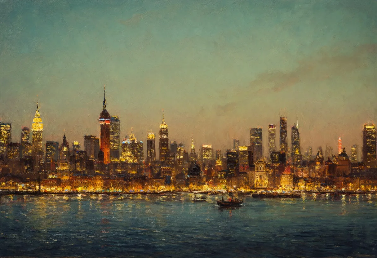 City Lights Skyline Across Calm Water At Night Oil Painting