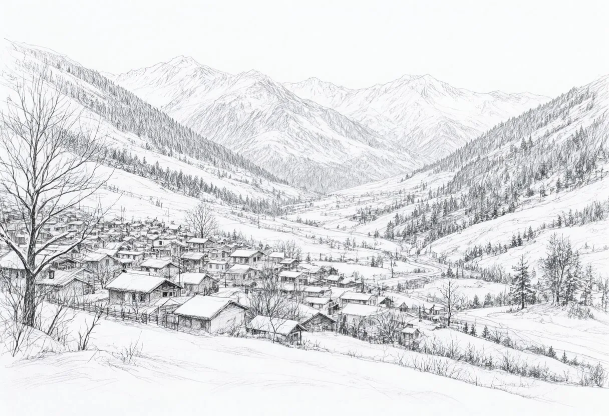 Snowy Mountain Village Seen From A Distance on a quiet day Pencil Sketch