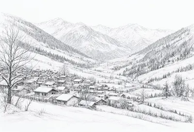 Snowy Mountain Village Seen From A Distance on a quiet day Pencil Sketch