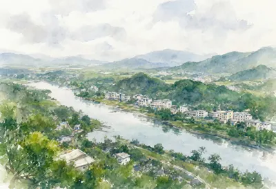 River Winding Through Green Hills From Above in the rain Watercolour