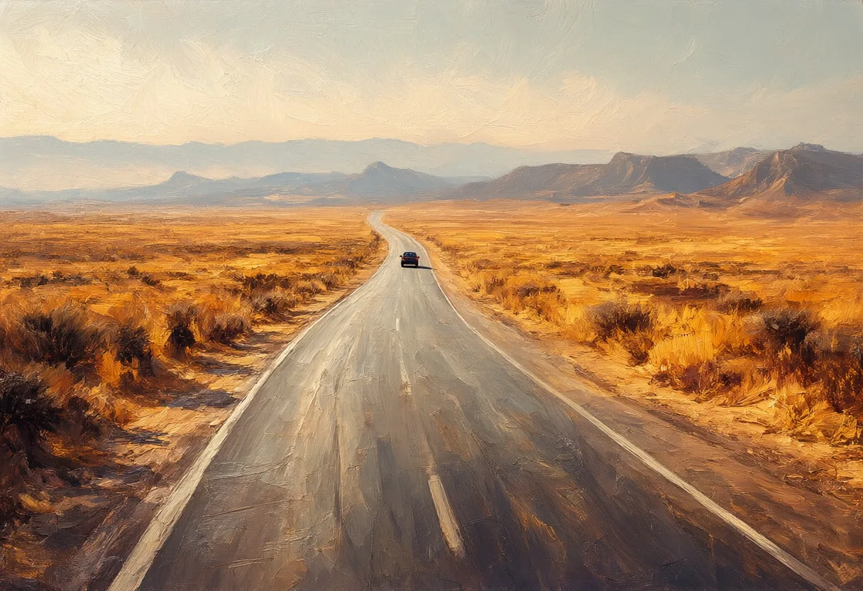 Desert Road With A Single Car Far Away from above Oil Painting